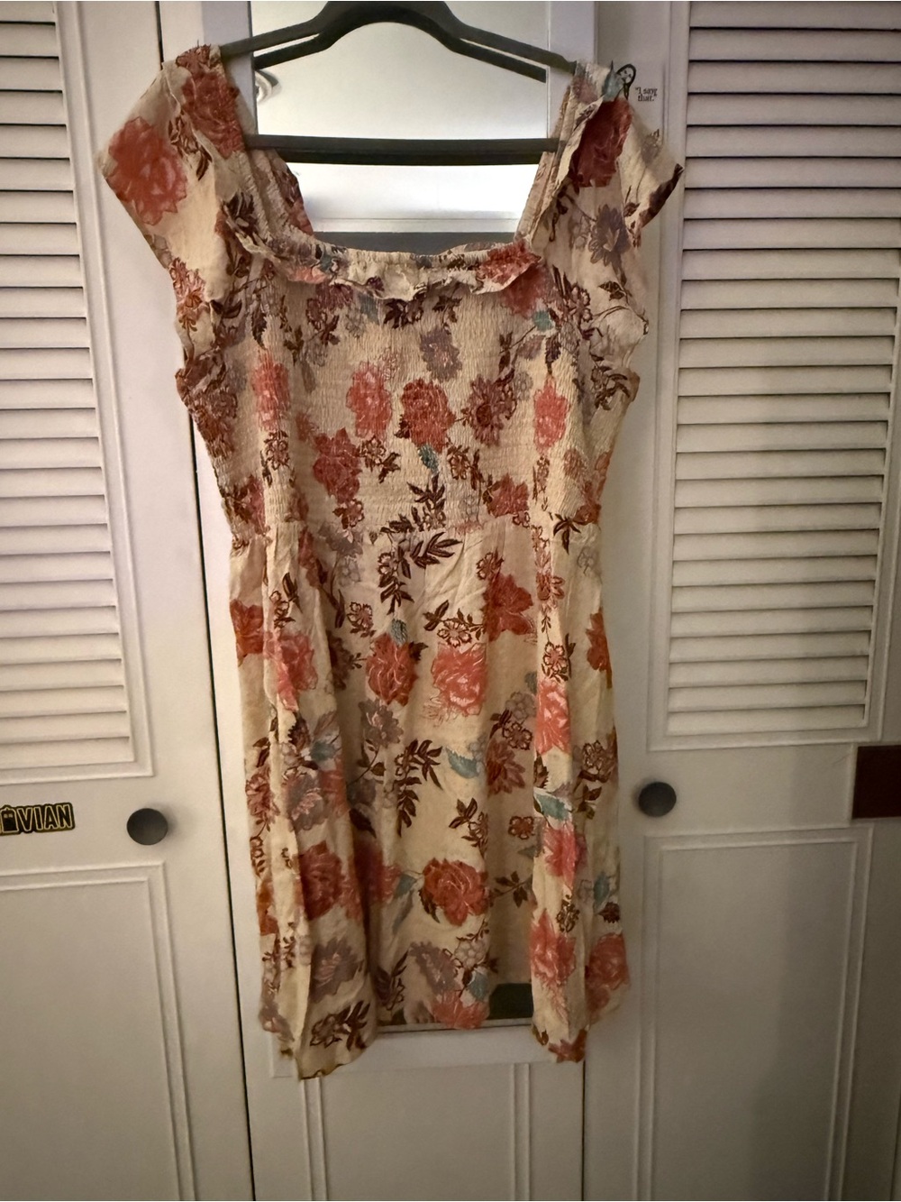Maurices Cream Floral Smocked Midi Dress with Coral and Brown Blooms